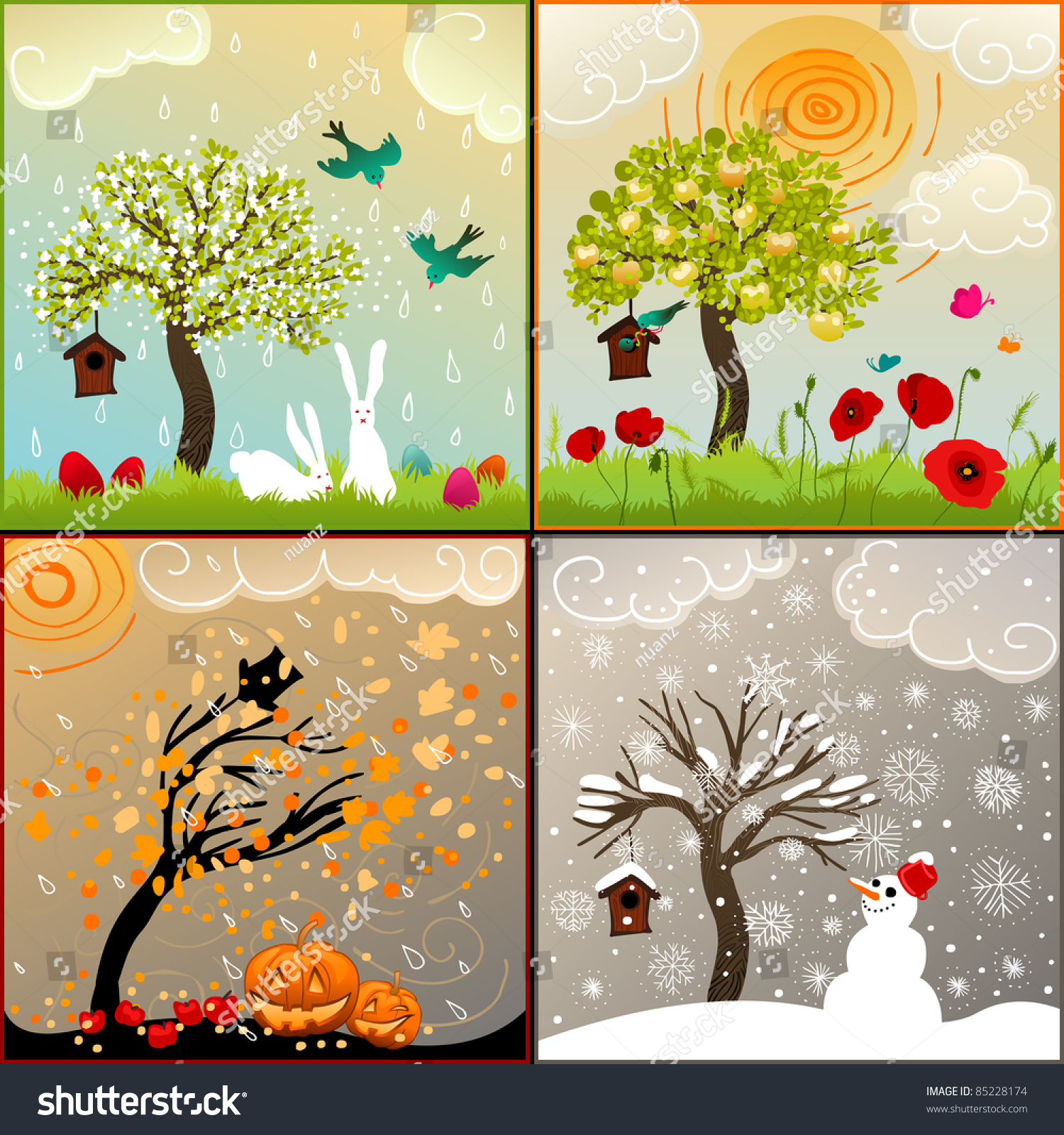 stock-photo-four-seasons-set-with-tree-birdhouse-birds-pumpkin-lanterns-and-snowman-85228174.jpg