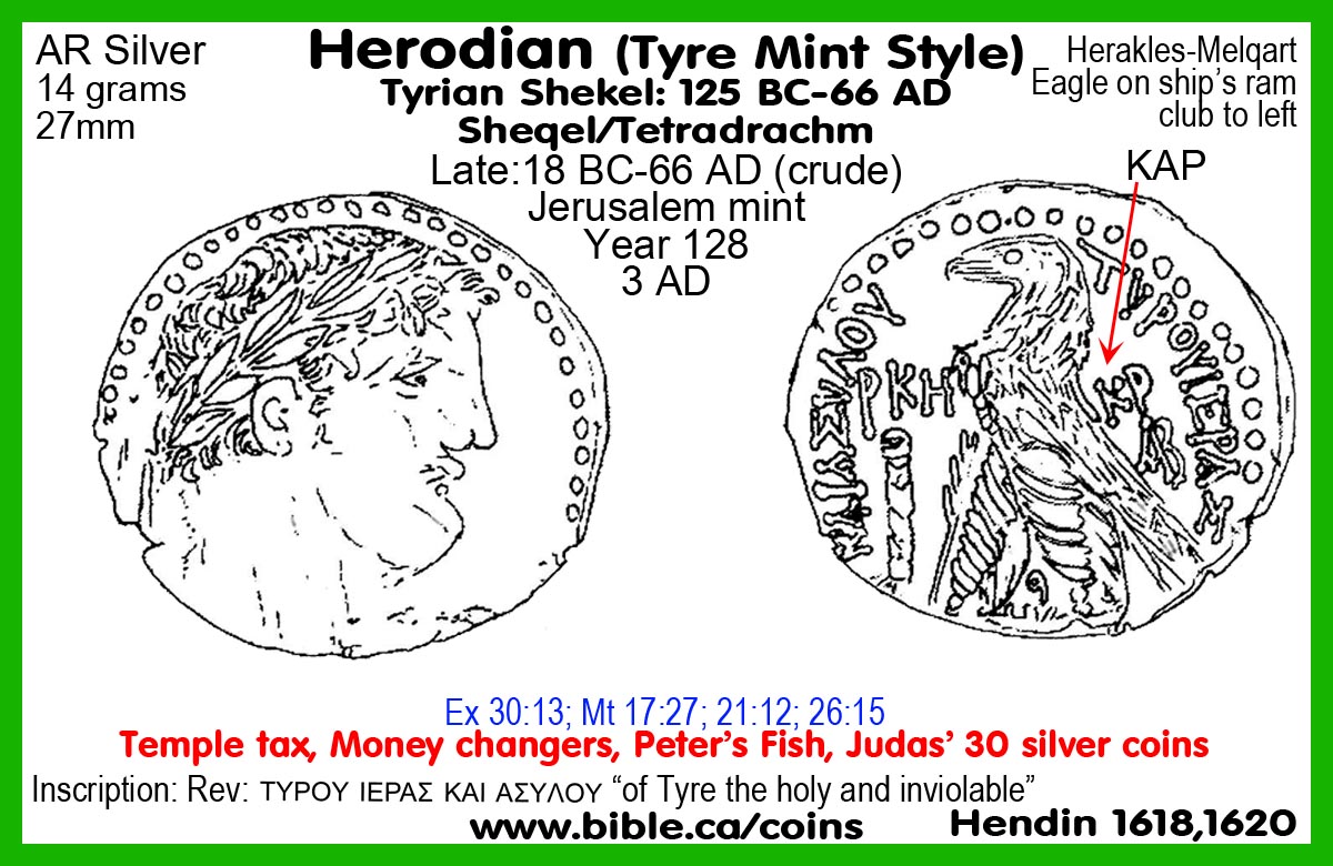 Jesus-coins-of-the-bible-Phoenician-Tyrian-mint-125BC-66AD-AR-Silver-Shekel-Tetradrachm-Inscription-Tyre-holy-inviolable-city-refuge-Heracles-Eagle-Temple-tax-Peters-Fish-Judas-30-pieces-Hendin1618-late-crude-Herodian-D.jpg