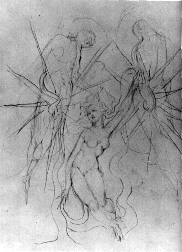 William Blake, Two Angels Descending to a Daughter of Man, Pencil drawing ca. 1822,  (Rosenwald Collection, National Gallery of Art, USA; Wikimedia)