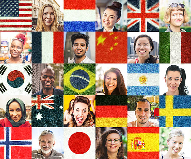 multi-ethnic-people-portraits-and-national-flags-picture-id510075292